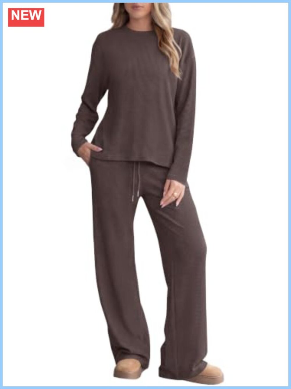 Waffle Knit 2 Piece Lounge Set Long Sleeve Top Wide Leg Pants